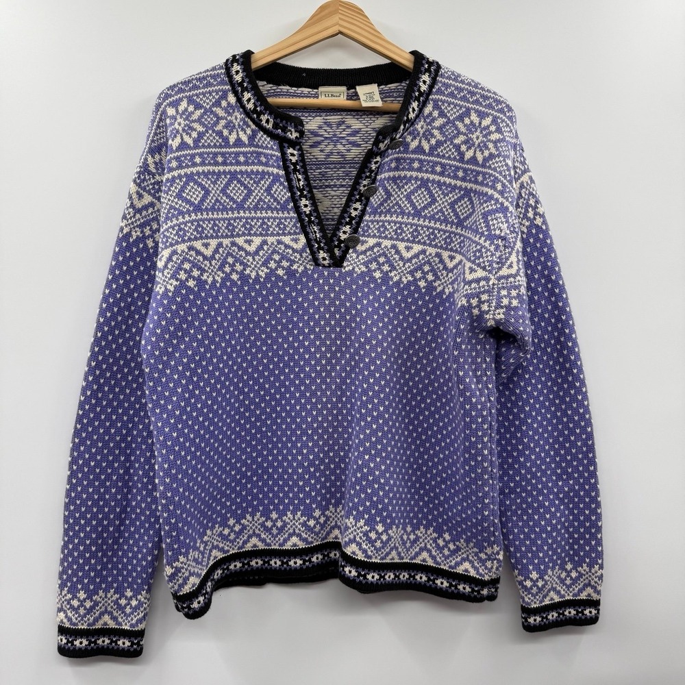 Vintage 90s L.L.Bean Cotton Nordic Fair Isle Henley Sweater Women's M Purple